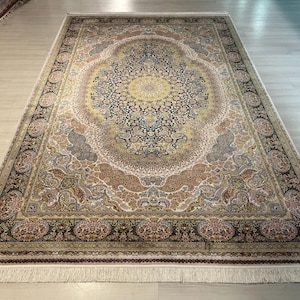 7X10 ft Cream Blue Silk Rug, Medium Silk Rug, Rug for Living Room, High Quality Silk Rug,Luxury Silk Rug, Home Decor, Qum Silk Rug