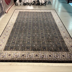 8x11 ft Dark Blue Flower Patterned Silk Rug, Turkish Silk Rug, Rug for Living Room, High Quality Rug,Luxury Silk Rug, Anatolian Silk Rug