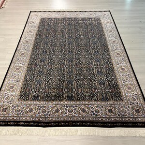 5X8 ft Black Flower Pattern Silk Rug, Turkish Silk Rug, Rug for Living Room, High Quality Silk Rug,Luxury Silk Rug, Anatolian Silk Rug