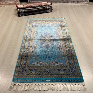3X5 ft Blue Classic Silk Rug, Turkish Silk Rug, Rug for Living Room, High Quality Silk Rug,Runner Silk Rug, Hallway Silk Rug , Entryway Rug