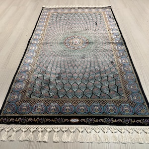 3X5 ft Blue Black Classic Silk Rug, Turkish Silk Rug, Rug for Living Room, High Quality Silk Rug,Runner Silk Rug, Hallway Silk Rug