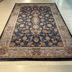 7X10 ft Navy Blue Silk Rug, Medium Silk Rug, Rug for Living Room, High Quality Silk Rug,Luxury Silk Rug, Home Decor, Qum Silk Rug