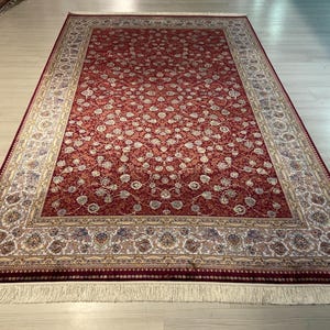 7X10 ft Red Silk Rug, Medium Silk Rug, Rug for Living Room, High Quality Silk Rug,Luxury Silk Rug, Home Decor, Qum Silk Rug