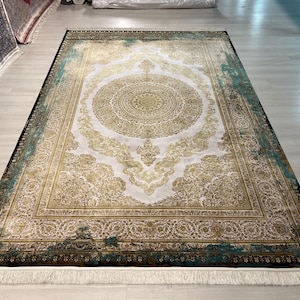 7x10 ft Gold Green Medallion Pattern Silk Rug, Turkish Silk Rug, Rug for Living Room, High Quality Rug,Luxury Silk Rug, Anatolian Silk Rug