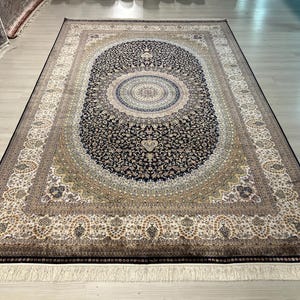 7X10 ft Beige Blue Silk Rug, Medium Silk Rug, Rug for Living Room, High Quality Silk Rug,Luxury Silk Rug, Home Decor, Qum Silk Rug