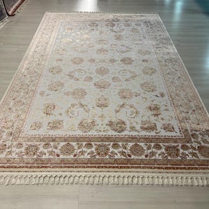 7x10 ft Beige Floral Pattern Silk Rug, Turkish Silk Rug, Rug for Living Room, High Quality Rug,Luxury Silk Rug, Classic Silk Rug, Home Decor