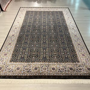 7x10 ft Black Flower Pattern Silk Rug, Turkish Silk Rug, Rug for Living Room, High Quality Rug,Luxury Silk Rug, Classic Silk Rug