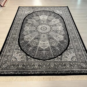 5X8 ft Black Gray Medallion Silk Rug, Persian Silk Rug, Rug for Living Room, High Quality Silk Rug,Luxury Silk Rug, Home Decor,Qum Silk Rug