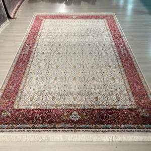 7x10 ft Beige Traditional Flower Pattern Silk Rug, Turkish Silk Rug, Rug for Living Room, High Quality Rug,Luxury Silk Rug, Classic Silk Rug
