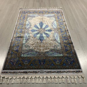 3X5 ft Blue Gray Silk Rug, Turkish Silk Rug, Rug for Living Room, High Quality Silk Rug,Runner Silk Rug, Hallway Silk Rug , Entryway Rug