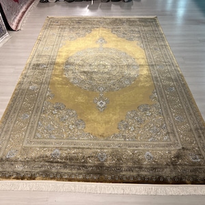 7x10 ft Gold Traditional Silk Rug, Turkish Silk Rug, Rug for Living Room, High Quality Rug,Luxury Silk Rug, Classic Silk Rug, Home Decor Rug