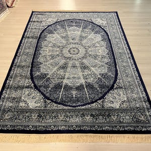 5X8 ft Navy Blue Medallion Silk Rug, Persian Silk Rug, Rug for Living Room, High Quality Silk Rug,Luxury Silk Rug, Home Decor,Qum Silk Rug
