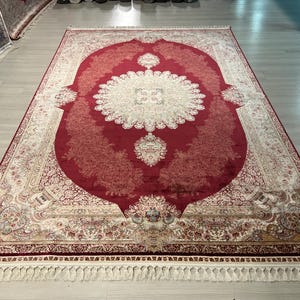 7X10 ft Red Persian Silk Rug, Medium Silk Rug, Rug for Living Room, High Quality Silk Rug,Luxury Silk Rug, Home Decor, Qum Silk Rug