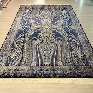 7x10 ft Blue Classic Patterned Silk Rug, Qum Silk Rug, Rug for Living Room, High Quality Rug,Luxury Silk Rug, Classic Silk Rug, Persian Rug