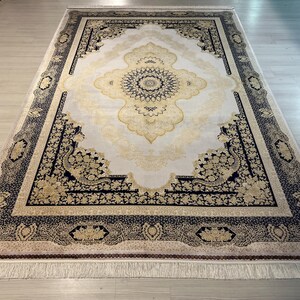 7X10 ft Cream Navy Blue Silk Rug, Medium Silk Rug, Rug for Living Room, High Quality Silk Rug,Luxury Silk Rug, Home Decor, Qum Silk Rug