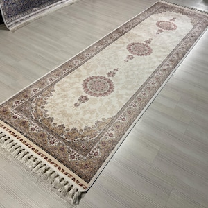 3X10 ft  Beige Silk Rug, Turkish Silk Rug, Rug for Living Room, High Quality Silk Rug,Runner Silk Rug, Home Decor,Anatolian Silk Rug