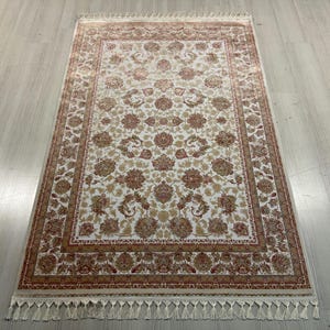 4X6 ft Gold Beige Flower Pattern Silk Rug, Turkish Silk Rug, Rug for Living Room, High Quality Rug,Luxury Silk Rug, Anatolian Silk Rug