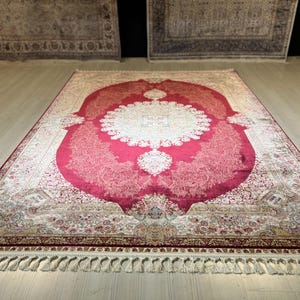 5X8 ft Red Beige Medallion Silk Rug, Medium Silk Rug, Rug for Living Room, High Quality Silk Rug,Luxury Silk Rug, Home Decor, Qum Silk Rug