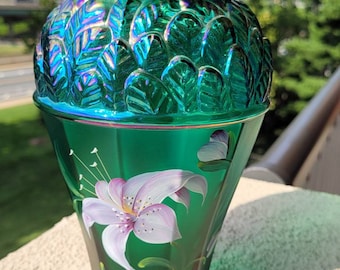 Iridescent Fenton emerald green carnival glass hand painted vase, Designer series
