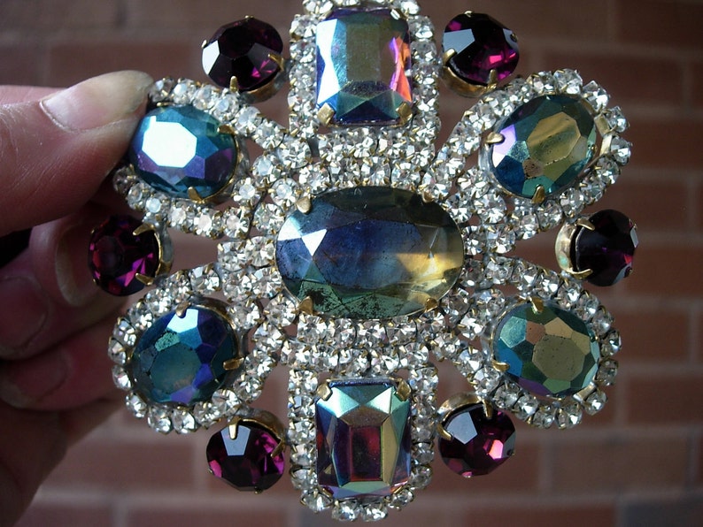 Signed Vintage Pin or Brooch Purple and Blues Aurora Borealis Crystal