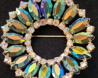 Vintage Weiss Pin or Antique Brooch, Teal Blue and Aurora Crystal