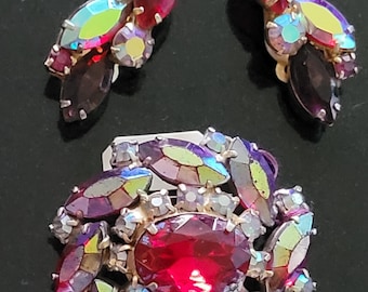 Vintage Red Aurora Borealis Pin or Brooch, and Earring Set in Iridescent AB and Red Antique Czech Crystals