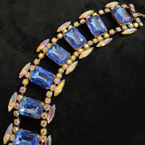 Vintage or Antique Bracelet in Blue and Clear Aurora Borealis Crystals