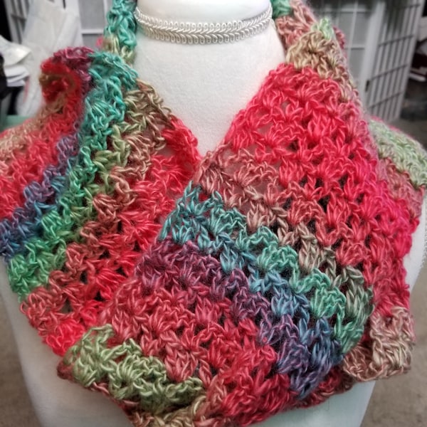 Multicolored Hand Crocheted Ohmbre Scarf in Variegated Shades of Corals, Blues, Greens, Cream Colors