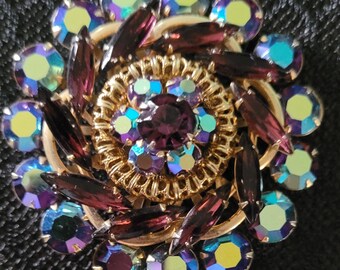 Vintage Teal and or Red Aurora Borealis and Amber Rhinestone Pin or Brooch