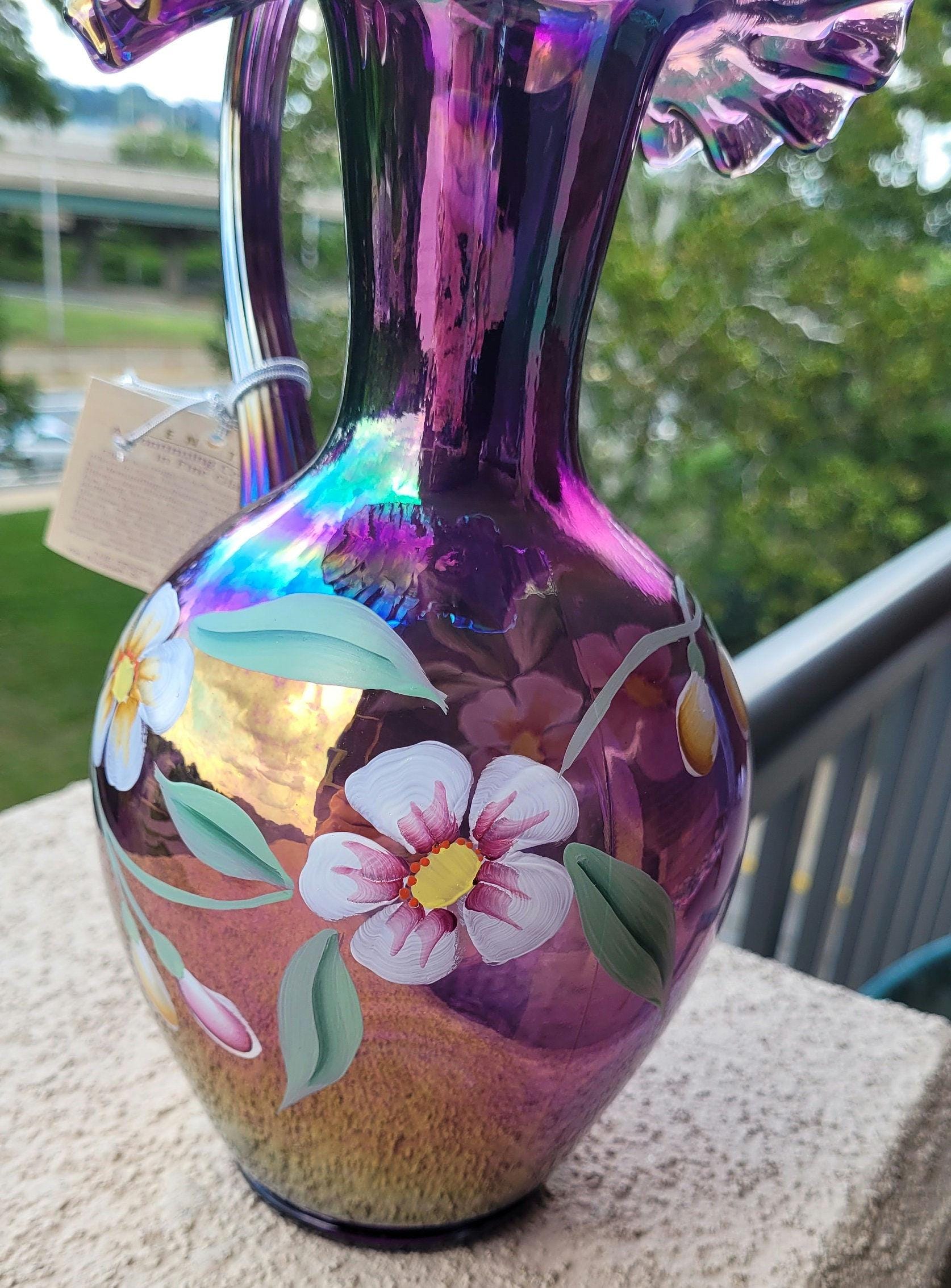 Iridescent Purple Signed Fenton Carnival Pitcher With Floral