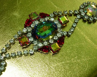 Vintage Rhinestone Bracelet with Red, Teal and Aurora Crystals