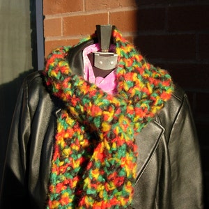 Multi-Colored, Hand-Crocheted Scarf in Red, Green and Yellow