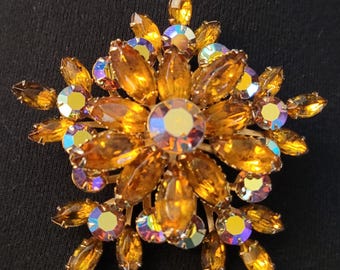 Vintage Pin or Brooch in Iridescent and Amber Crystals, likely by Beau Jewels