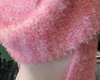 Beautiful, Fuzzy Hand Crocheted Opalescent Scarf in Metallic Pink and White Eyelash Yarn <>