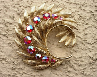Vintage Lisner Goldtone Red Aurora Leaf Spray Pin or Brooch