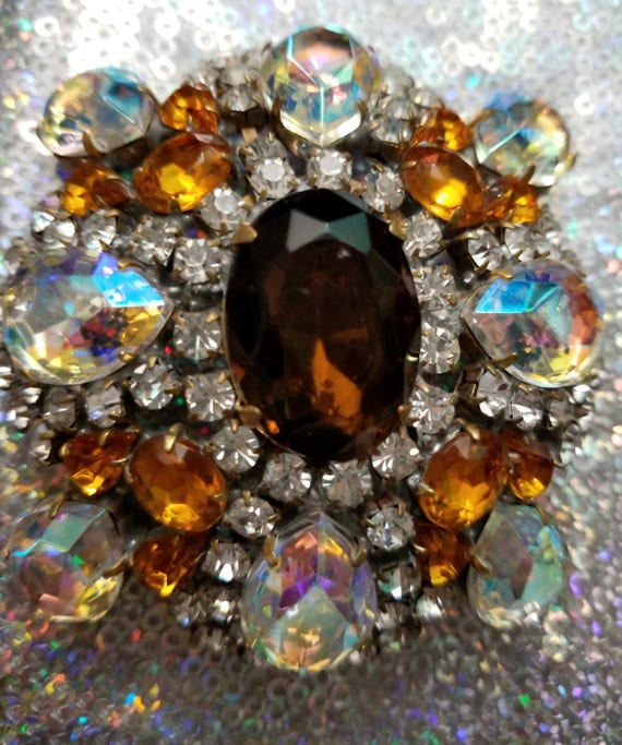 Vintage Amber, Teal and Aurora Pin or Brooch - image 1
