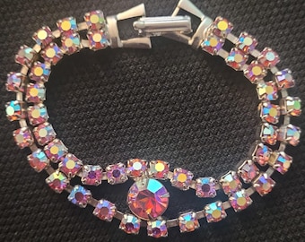 Vintage Pink Iridescent Rhinestone Bracelet; antique bracelet with Pink Aurora Borealis Crystals