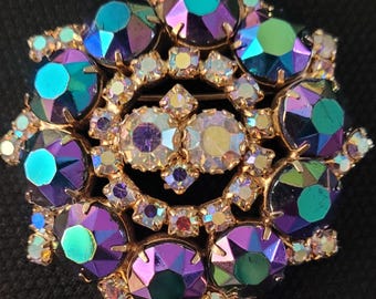 Vintage Purple or Violet Aurora Borealis and Blue Rhinestone Pin or Brooch