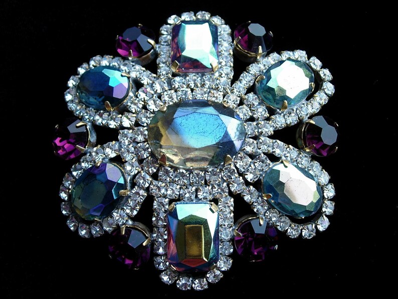 Signed Vintage Pin or Brooch Purple and Blues Aurora Borealis Crystal