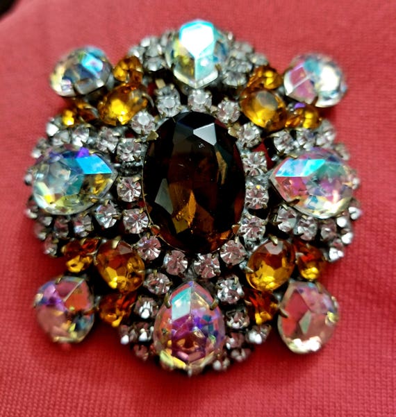Vintage Amber, Teal and Aurora Pin or Brooch - image 2