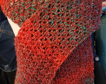 Hand-crocheted Ohmbre Scarf in variegated shafes if reds, pinks, grays, greens with a holiday vibe. <>