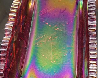 Iridescent Red Carnival Glass Relish Dish