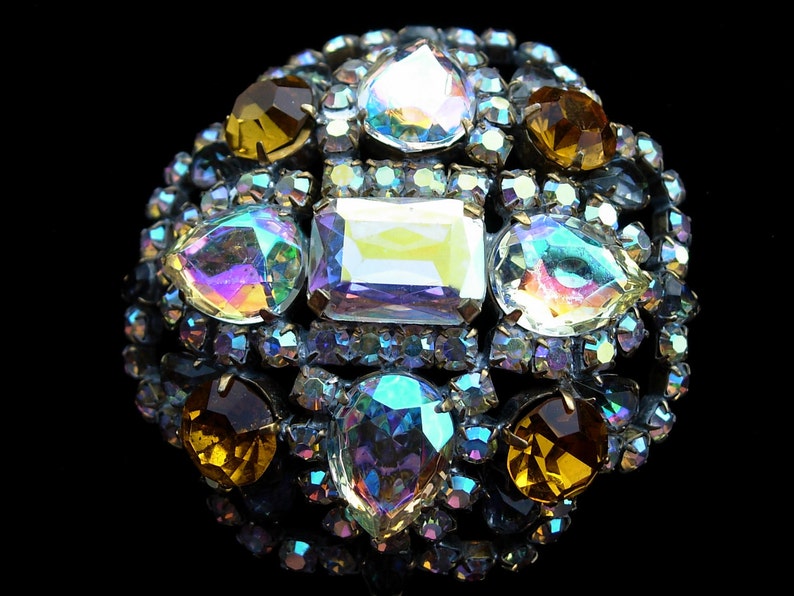 Signed Vintage Pin or Brooch in Amber /& Aurora Borealis Crystal