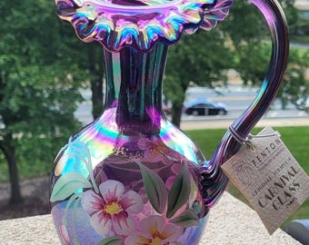 Iridescent Purple Signed Fenton Carnival Pitcher With Floral
