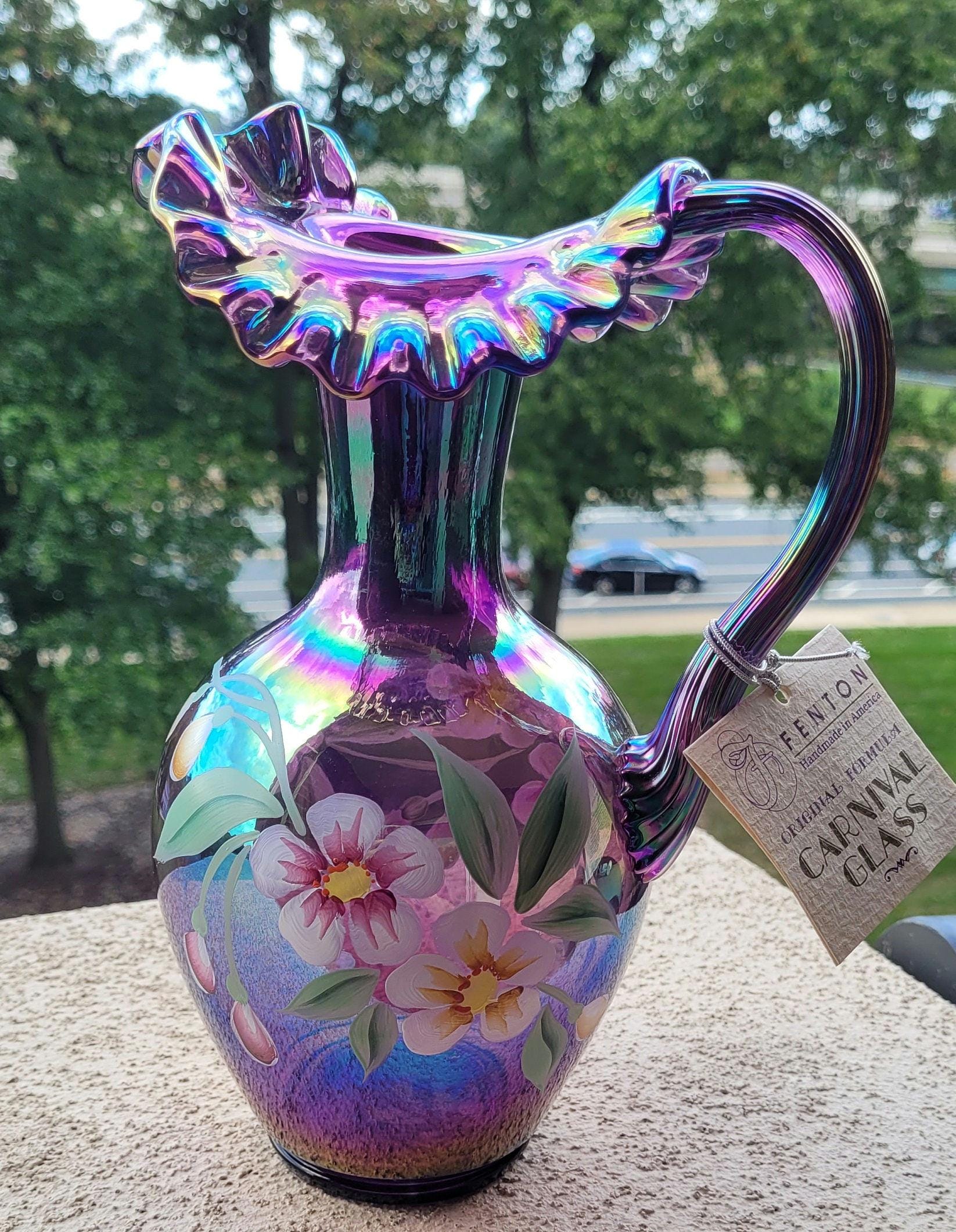 え*ー様 【希少】Fenton フェントン　花瓶　フラワーガラス　Art Gla Iridescent Purple Signed Fenton Carnival Pitcher With Floral