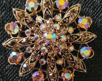 Vintage Floral Pin, Brooch or Pendant in Iridescent Pink and Amber Crystals