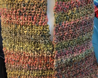 RESERVED for Sheila: Hand-crocheted Textured Scarf in Greens, Olives, Pinks, and Gold Metallic Lurex High/low Yarn. <>