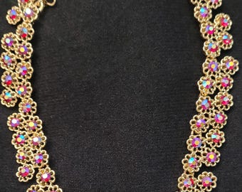 Vintage red iridescent carnival glass floral pattern crystal antique necklace or choker.