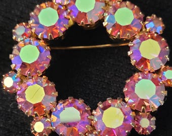Vintage Pin or Antique Brooch, Pink Aurora Borealis Crystal Wreath