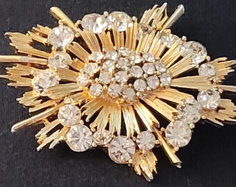 Vintage Crystal Lisner Starburst Pin or Brooch with Clear Rhinestone Center